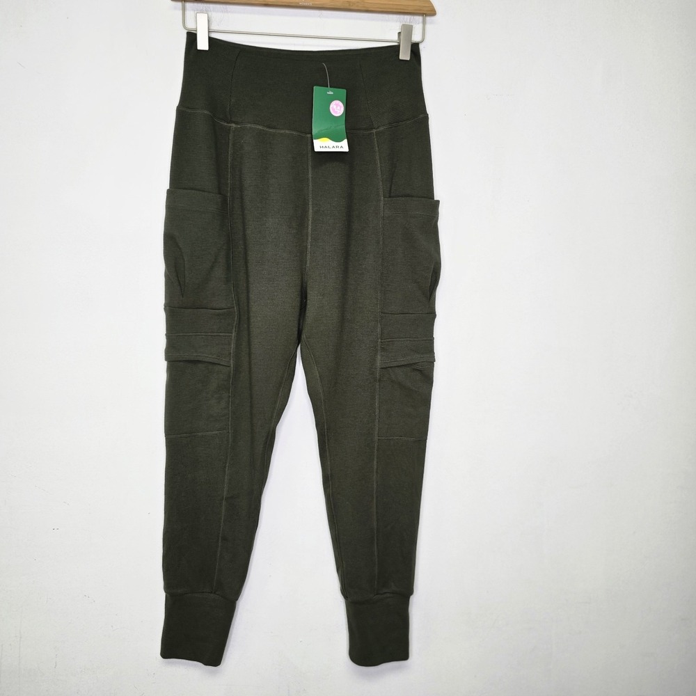 Halara High Waisted Foldover Cargo Pocket Waffle Knit Pant Size S Green NWT